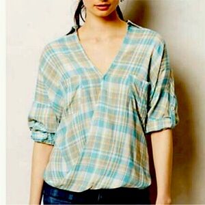 Anthropologie Blue and Cream Plaid V-Neck Roll-Sleeve Blouse